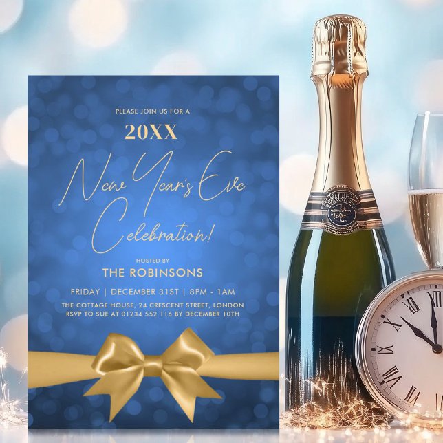 Invitation Nouvel An MODERNE Seve Party Navy Bokeh Gold Bow (MODERN New Years Eve Party Navy Bokeh Gold Bow Invitation)