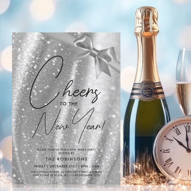 Invitation Nouvel An MODERNE Soir Argent Sparkle Sequin Bow (MODERN New Years Eve Silver Sparkle Sequin Bow Invitation)
