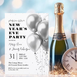 Invitation Nouvel An MODERNE Soir Silver Confetti Ballons