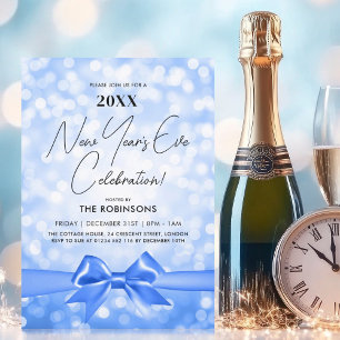 Invitation Nouvel An MODERNE Soirée Party Blue Bokeh Bow