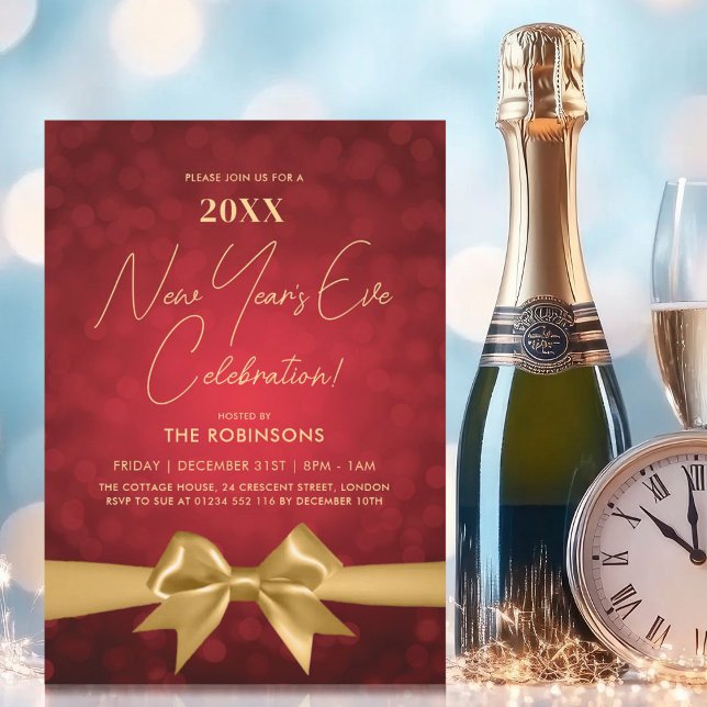 Invitation Nouvel An MODERNE Sove Party Red Bokeh Gold Bow (MODERN New Years Eve Party Red Bokeh Gold Bow Invitation)