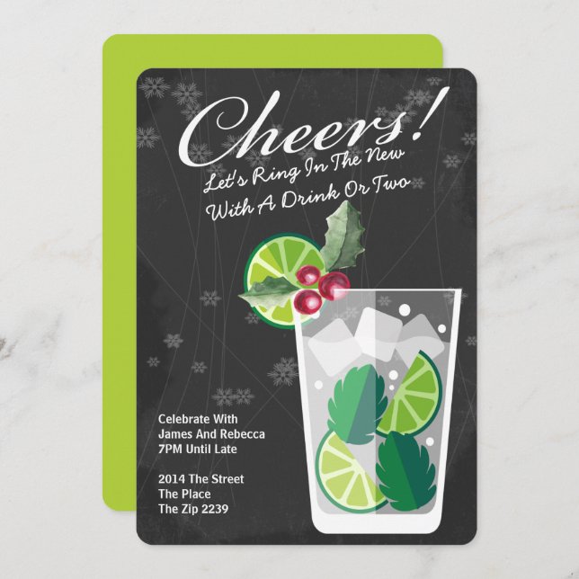 Invitation Nouvel An Mojito Cocktail Party Personnalisé (Devant / Derrière)