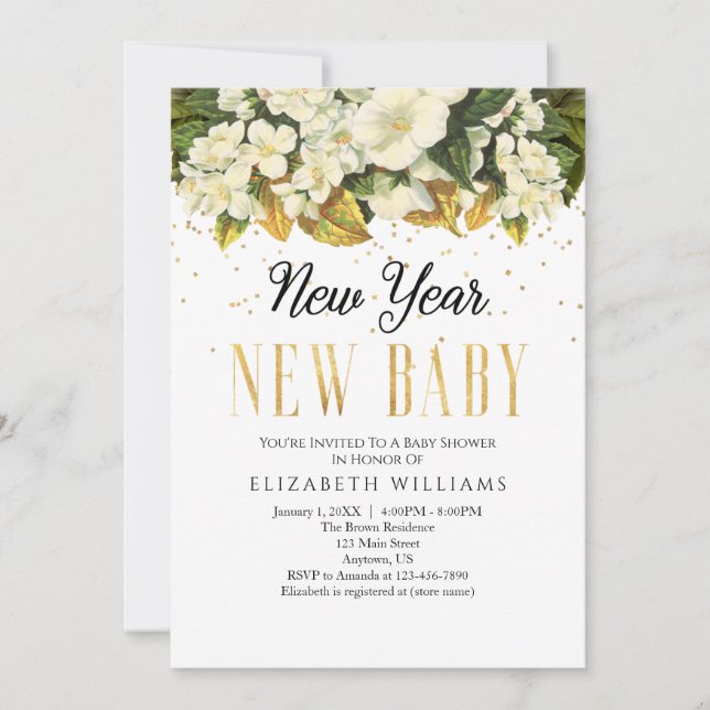 Invitation Nouvel An Nouvel Enfant Or Blanc Baby shower Flora (Devant)