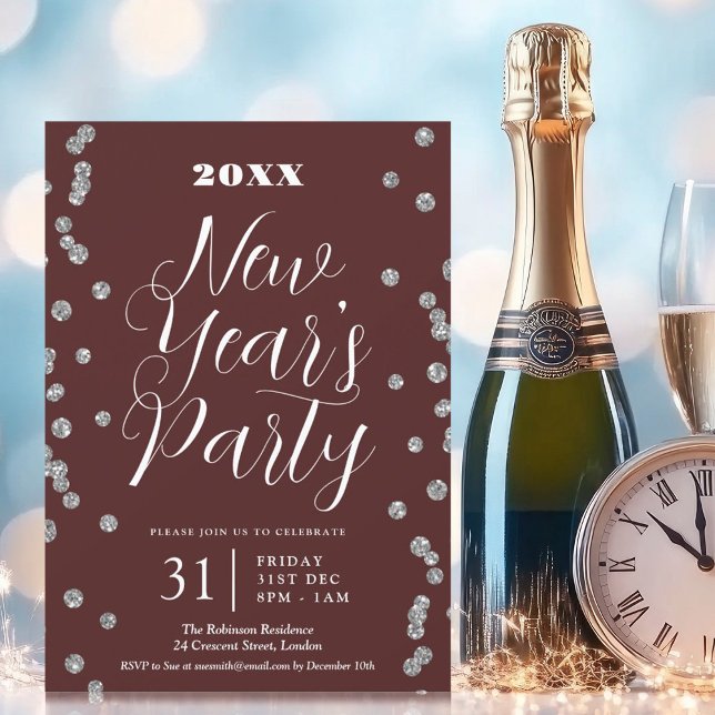 Invitation Nouvel An Parties scintillant Argent Confetti Bour (New Years Eve Silver Glitter Confetti Burgundy Invitation)