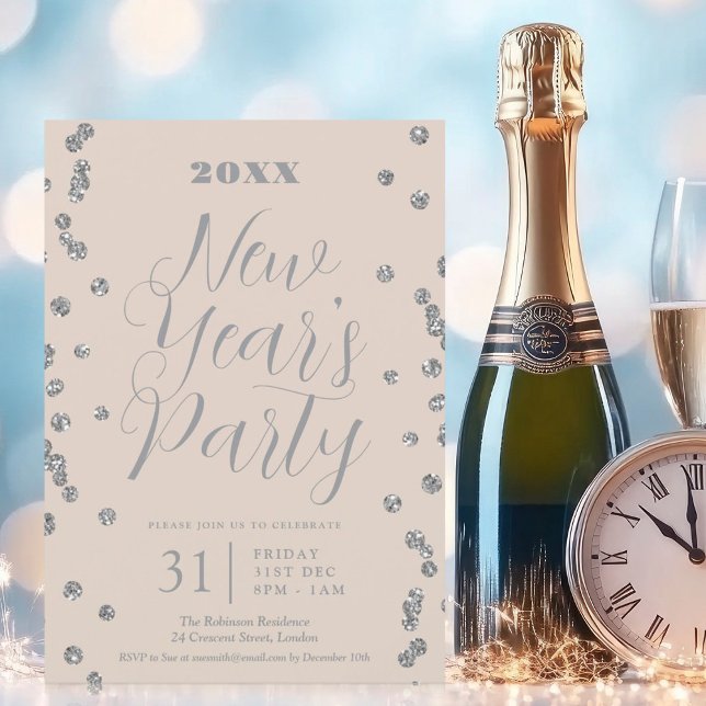 Invitation Nouvel An Parties scintillant Argent Confetti Cham (New Years Eve Silver Glitter Confetti Champagne Invitation)