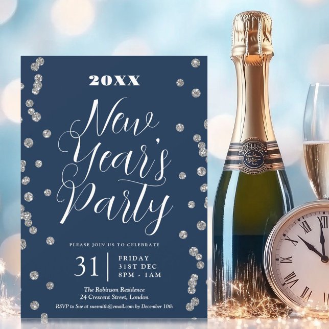 Invitation Nouvel An Parties scintillant d'argent Confetti Ma (New Years Eve Silver Glitter Confetti Navy Invitation)