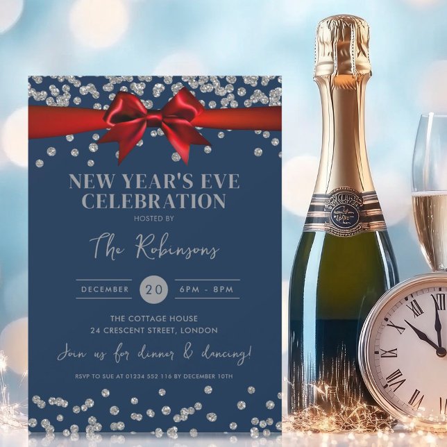 Invitation Nouvel An Parties scintillant d'argent Confetti Re (New Years Eve Silver Glitter Confetti Red Bow Navy Invitation)
