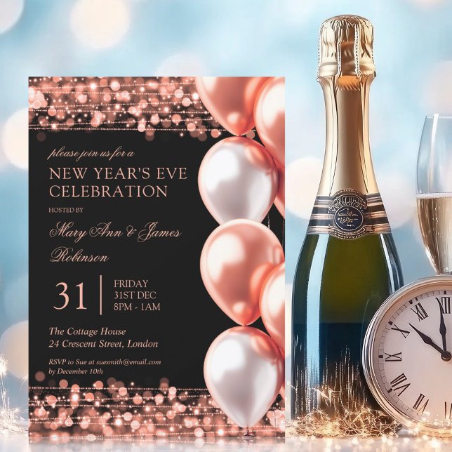 Invitation Nouvel An Rose Gold brillant Ballons (New Years Eve Rose Gold Shimmering Lights Balloons Invitation)