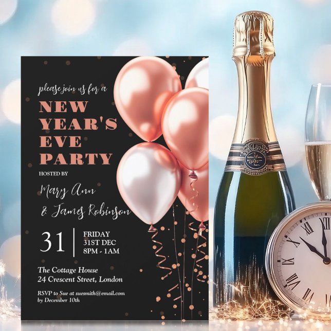 Invitation Nouvel An Rose Gold Confetti Balloons Noir (New Years Eve Rose Gold Confetti Balloons Black Invitation)