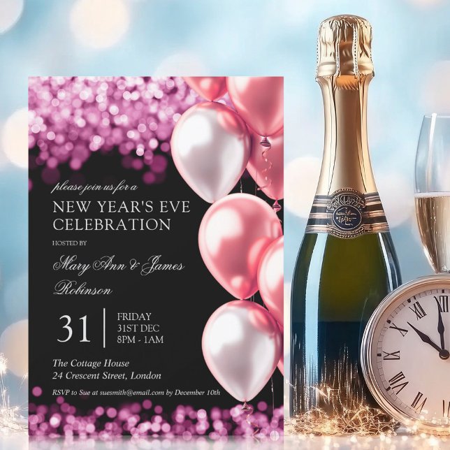 Invitation Nouvel An Rose Gold Shimmer éclaire Ballons (New Years Eve Rose Gold Shimmer Lights Balloons Invitation)