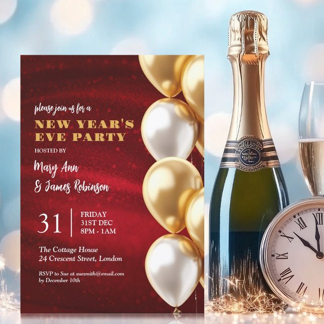 Invitation Nouvel An Rouge Or Séquins Chatoyants Ballons (New Years Eve Red Gold Shimmering Sequins Balloons Invitation)