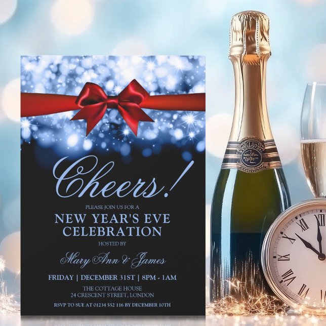 Invitation Nouvel An Seve Party Marine éclat Red Bow (New Years Eve Party Navy Sparkle Lights Red Bow Invitation)