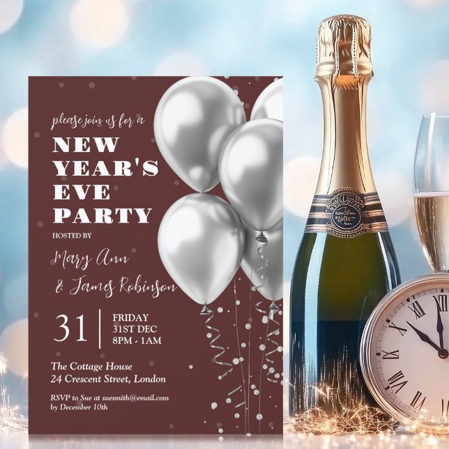 Invitation Nouvel An Silver Confetti Balloons Bourgogne (New Years Eve Silver Confetti Balloons Burgundy Invitation)