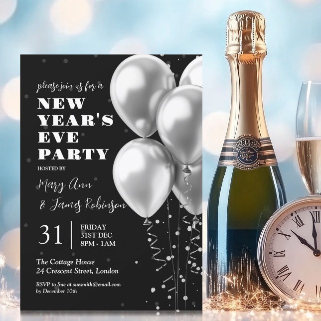 Invitation Nouvel An Silver Confetti Balloons Noir (New Years Eve Silver Confetti Balloons Black Invitation)