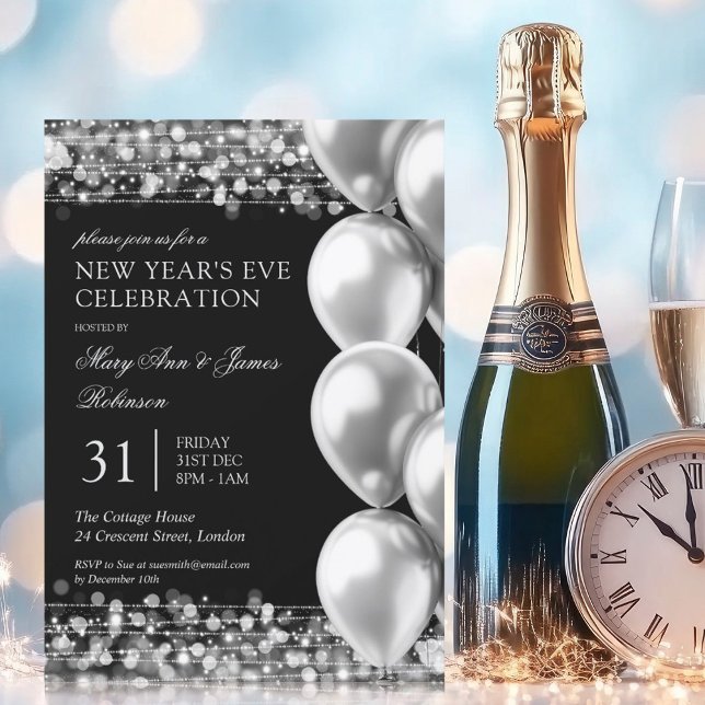 Invitation Nouvel An Silver Lights Shimmerger Ballons (New Years Eve Silver Shimmering Lights Balloons Invitation)
