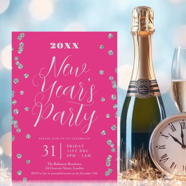 Invitation Nouvel An Silver Parties scintillant Confetti Hot  (New Years Eve Silver Glitter Confetti Hot Pink Invitation)