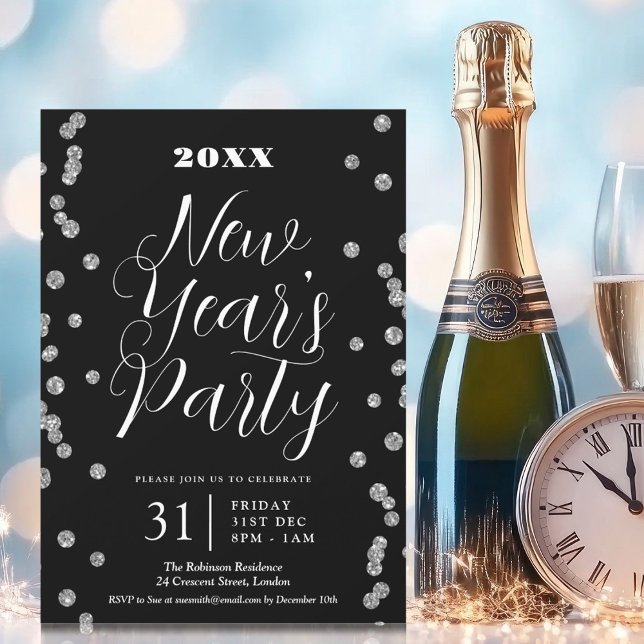 Invitation Nouvel An Silver Parties scintillant Confetti Noir (New Years Eve Silver Glitter Confetti Black Invitation)