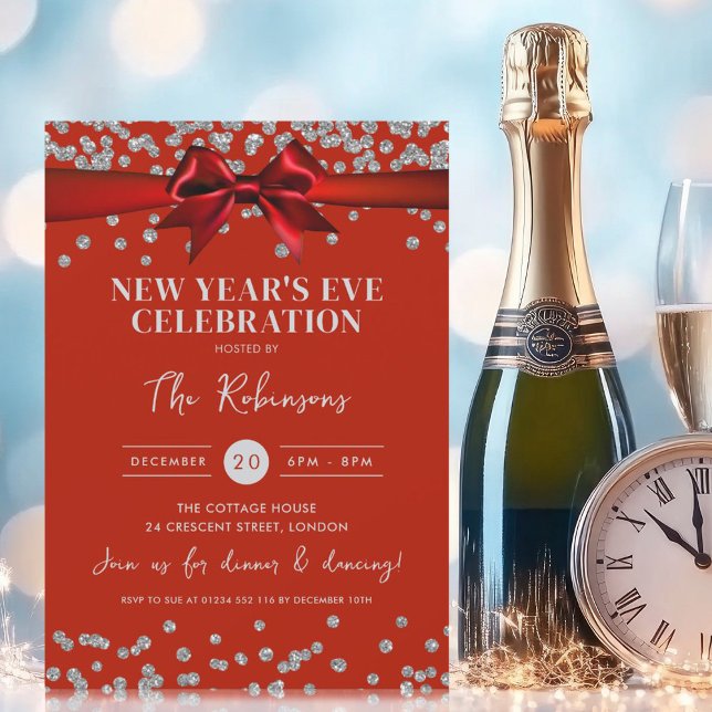 Invitation Nouvel An Silver Parties scintillant Confetti Red  (New Years Eve Silver Glitter Confetti Red Bow Invitation)