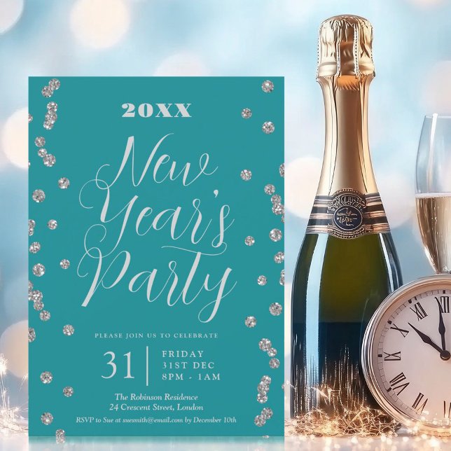 Invitation Nouvel An Silver Parties scintillant Confetti Turq (New Years Eve Silver Glitter Confetti Turquoise Invitation)