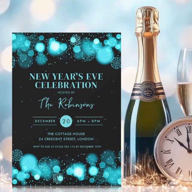 Invitation Nouvel An Soirée Turquoise Black Winter Wonder (New Years Eve Party Turquoise Black Winter Wonder Invitation)