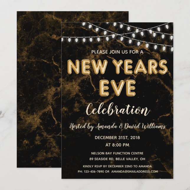 Invitation Nouvel An Sove Party Gold Black Balloirs (Devant / Derrière)