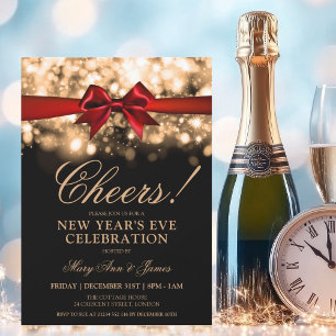 Invitation Nouvel An Sove Party Gold Éclairage Red Bow