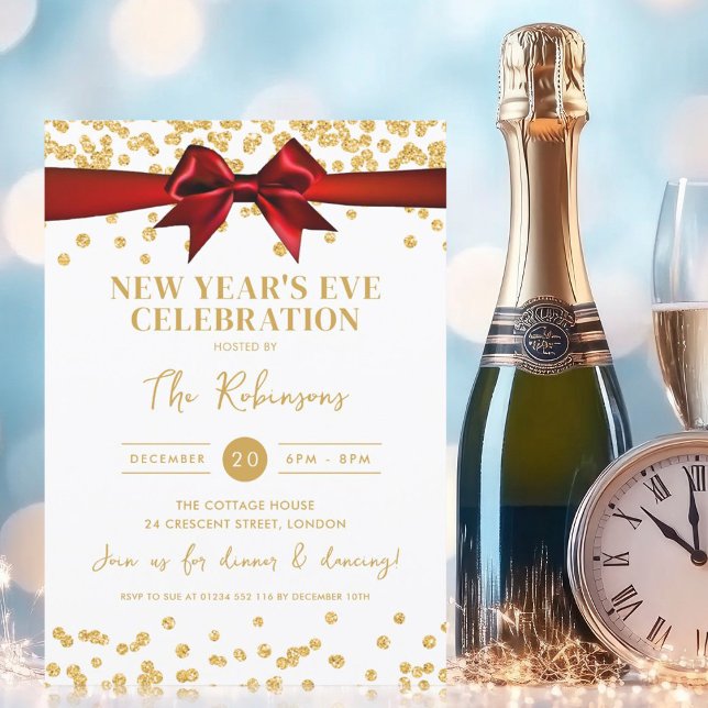 Invitation Nouvel An Sove Party Gold Parties scintillant Conf (New Years Eve Party Gold Glitter Confetti Red Bow Invitation)