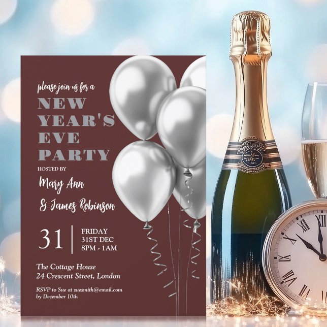 Invitation Nouvel An Sove Party Silver Ballons Bourgogne (New Years Eve Party Silver Balloons Burgundy Invitation)