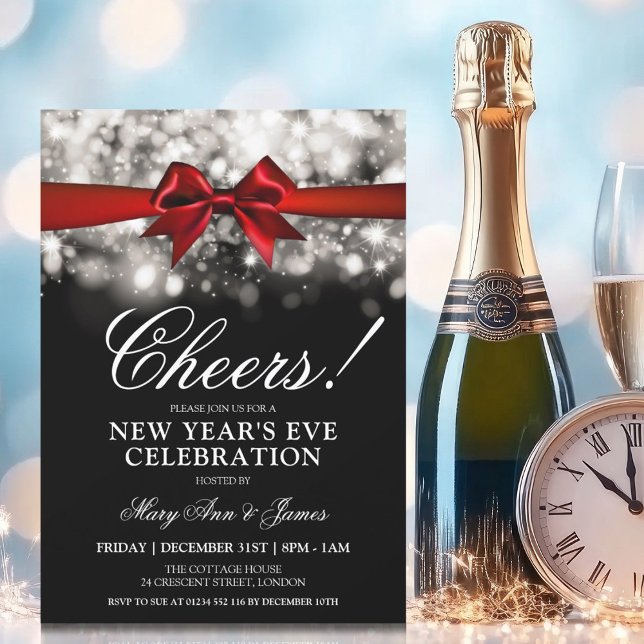 Invitation Nouvel An Sove Party Silver Éclairage Red Bow (New Years Eve Party Silver Sparkle Lights Red Bow Invitation)
