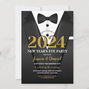Invitation Nouvel An Tuxedo Suit Gold Black Bow Cravate