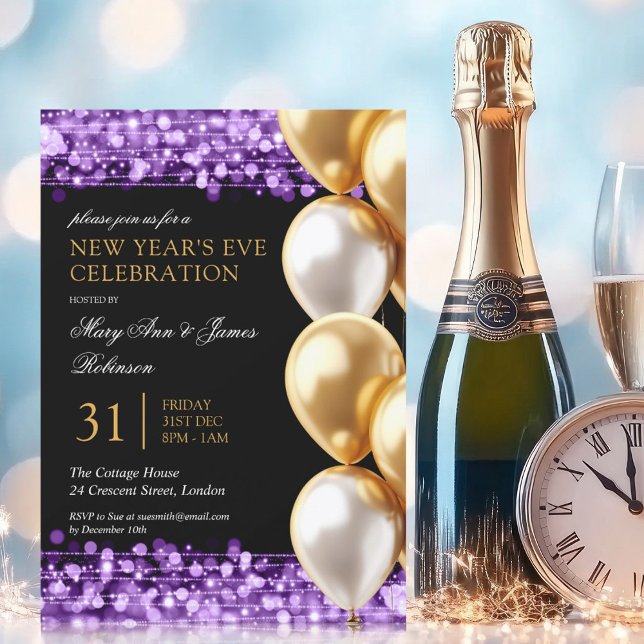 Invitation Nouvel An Violet Pleins Feux Ballons (New Years Eve Purple Shimmering Lights Balloons Invitation)