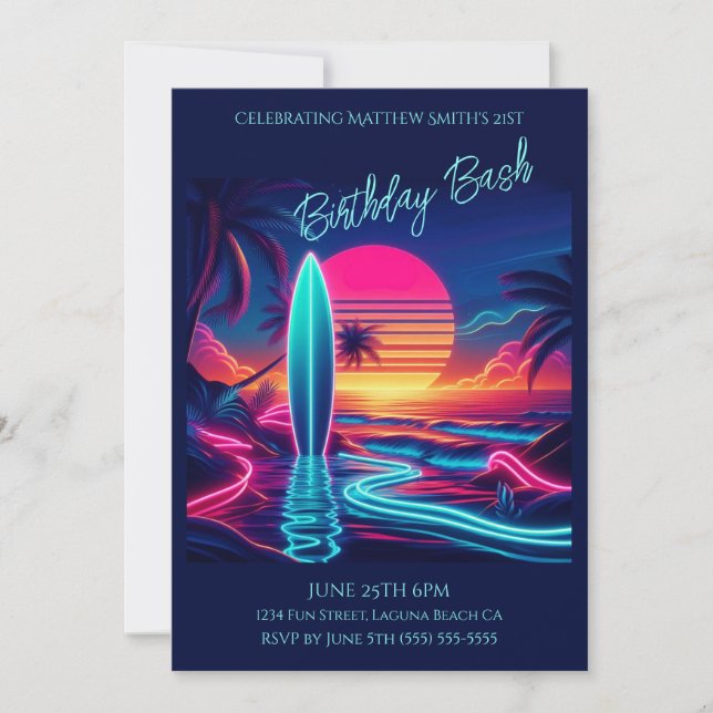 Invitation Nouvel Anniversaire Bash-Sunset Surboard Neon Ligh (Devant)