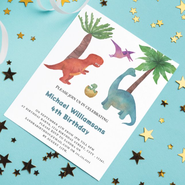 Invitation Nouvel anniversaire de dinosaure d'aquarelle minim (Créateur téléchargé)