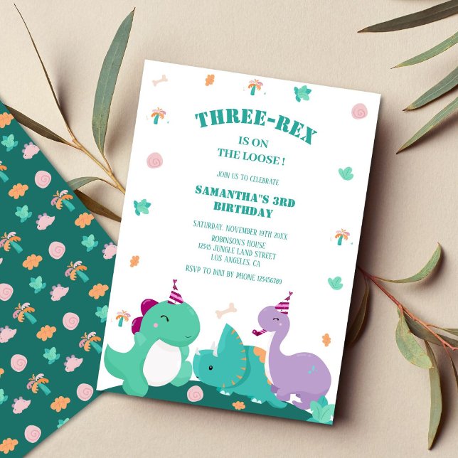 Invitation Nouvel anniversaire de dinosaures trois-rex 3e (Créateur téléchargé)