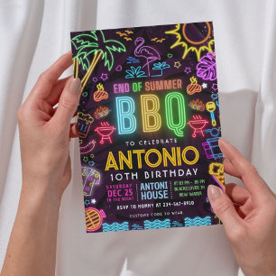 Invitation Nouvel anniversaire de la fête du BBQ de Neon - Fi