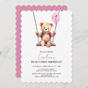 Invitation Nouvel anniversaire de la fille rose Bear