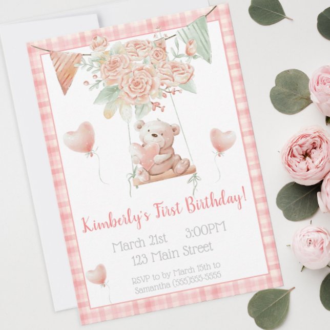 Invitation Nouvel anniversaire mignon Teddy Bear rose Plaid (An adorable teddy bear birthday invitation for a little girl's birthday party.)
