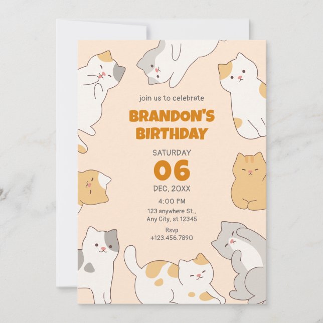 Invitation Nouvel anniversaire pour les chats mignons (Devant)