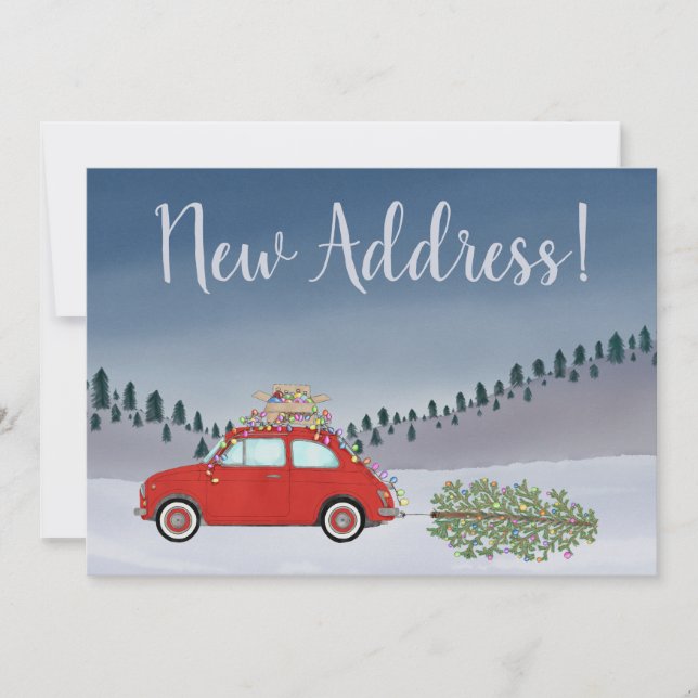 Invitation Nouvelle adresse Red Fiat 500 avec arbre de Noël (Devant)