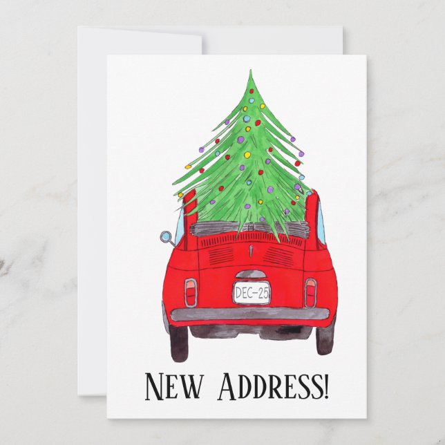 Invitation Nouvelle adresse Voiture rouge avec arbre de Noël (Devant)