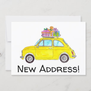 Invitation Nouvelle adresse Yellow Retro Fiat 500 Aquarelle