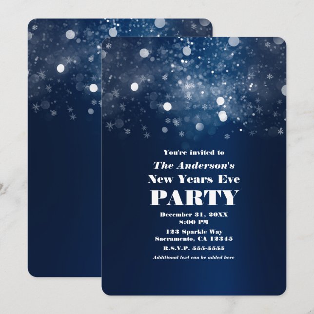 Invitation Nouvelle Année Bleu Foncé Argent Étincelant (Devant / Derrière)