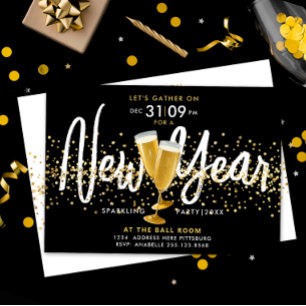Invitation Nouvelle Année Champagne Or Confettis Noir Élégant