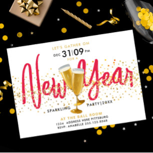 Invitation Nouvelle Année Champagne Pétillant Or Confettis