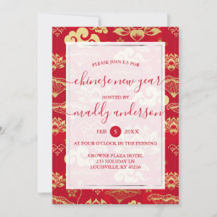 Invitation Nouvelle année chinoise Fête rouge or lotus floral