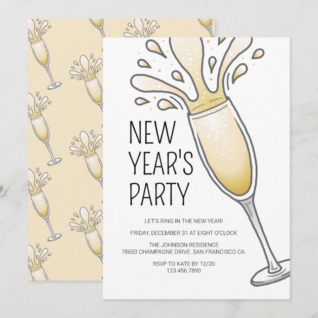 Invitation Nouvelle Année Fête Champagne (Devant / Derrière)