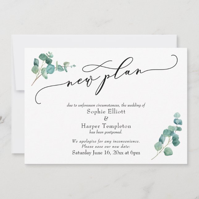 Invitation Nouvelle Annonce de Mariage Reporté Plan Eucalyptu (Devant)