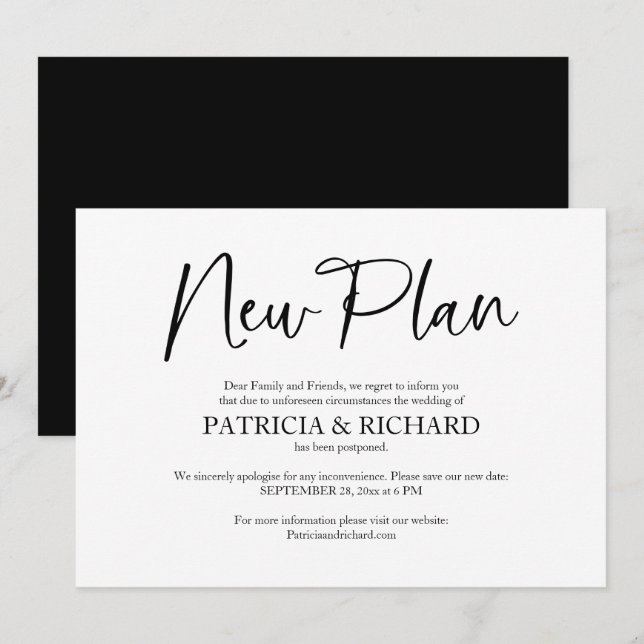 Invitation Nouvelle annonce de report de mariage (Devant / Derrière)