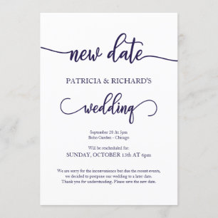 Invitation Nouvelle date de mariage reportée Navy Blue Script