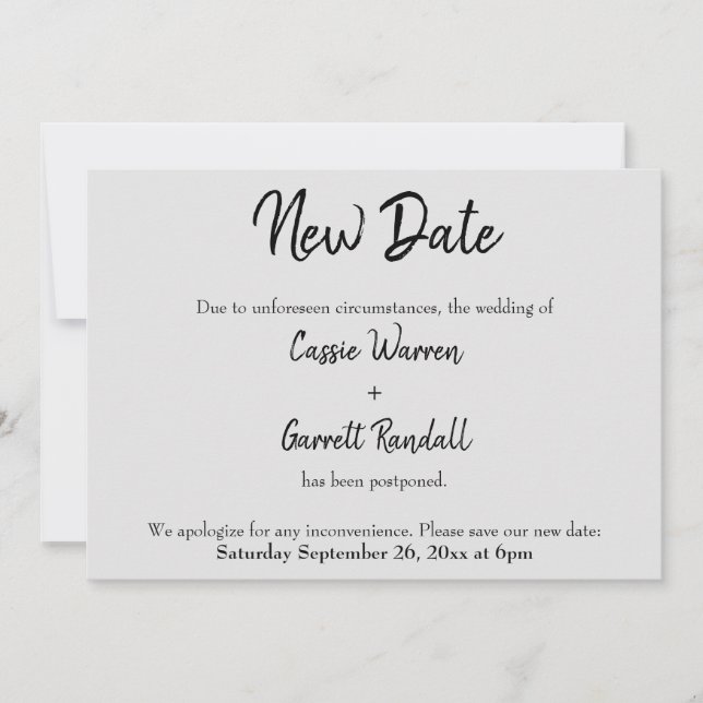 Invitation "Nouvelle date" Mariage reporté noir sur gris cart (Devant)